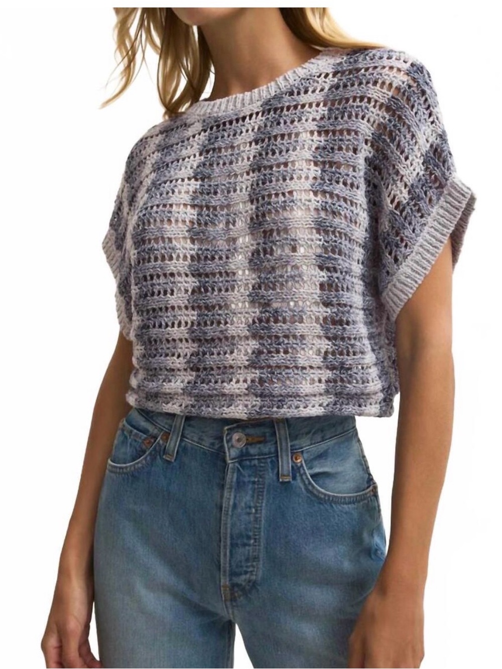 A Supply Ballast Crochet Lightweight Boxy Knit Top - blue/light blue